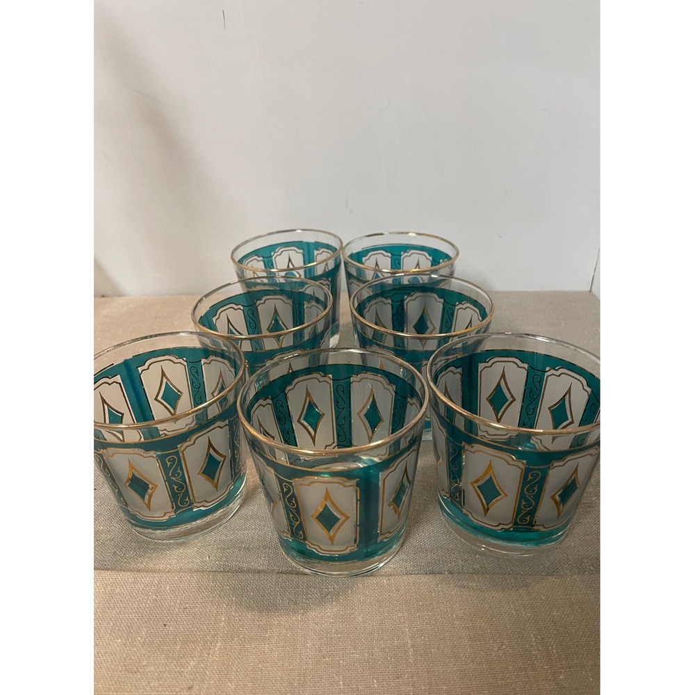 MCM Federal Teal Gold Diamond Rocks whiskey Glasses Set of 7 Hollywood Regency